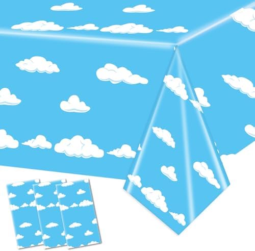 3PCS Blue Sky and White Clouds Tablecloth Birthday Decorations