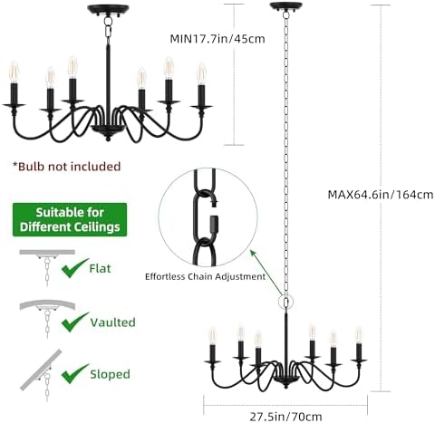 Rustic Black Iron 6-Light Chandelier for Dining Room