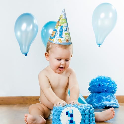 Safari 1st Birthday Party Cone Hats Blue 8 Pcs