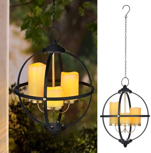 Battery Operated Outdoor Candle Chandelier in Black and Gold