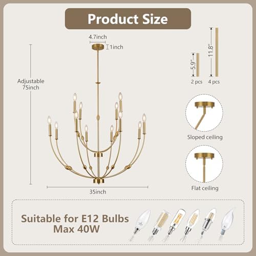 Brushed Gold 12-Light Chandelier for High Ceilings 35 Inch