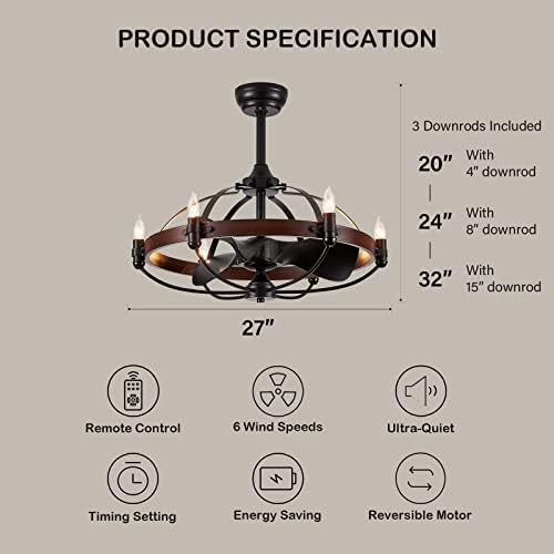 27-Inch Brown Walnut Farmhouse Ceiling Fan with Light and Remote Control