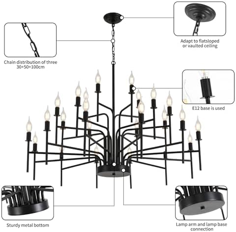 Modern Farmhouse 24 Light Black Chandelier for Dining Room