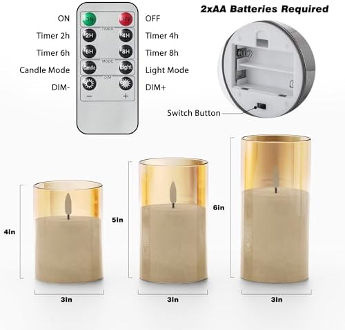VIODAIM Ice Crystal Real Wax Flameless Candles with Remote Timer 3Pack