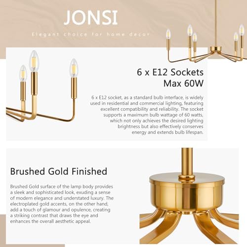 Jonsi Gold Chandelier 26 Inch Modern Brushed Brass 6 Light Industrial Ceiling Fixture