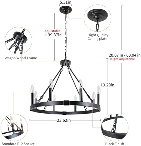 236 Inch Black Wagon Wheel Chandelier - 8 Light Farmhouse Pendant Light