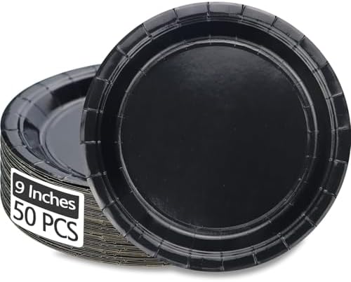 50 Pcs Black Paper Plates 9 Inch Disposable Round Bulk Dinnerware