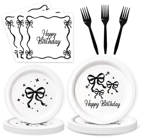 Black Bow Birthday Tableware Set - 96Pcs for 24 Guests