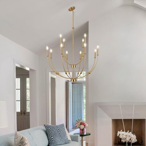 Brushed Gold 12-Light Chandelier for High Ceilings 35 Inch