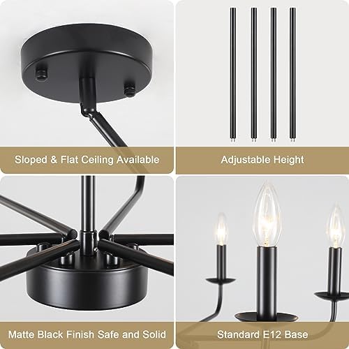 Matte Black 6-Light Chandelier for Bedroom and Living Room