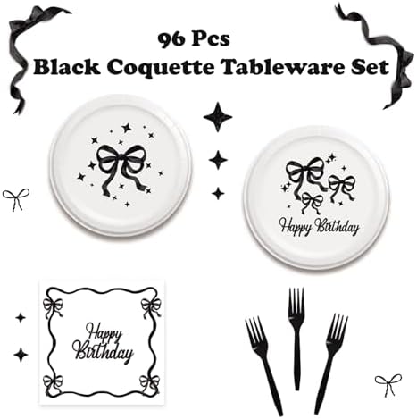 Black Bow Birthday Tableware Set - 96Pcs for 24 Guests