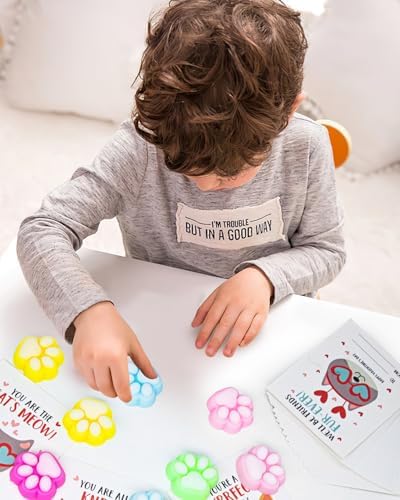 Valentines Day Classroom Gift Pack - 28 Sets with Squishy Cat Paws and Cards