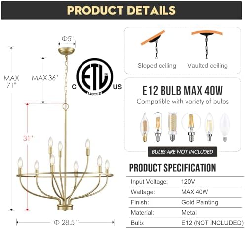 9-light Gold Chandelier Vintage Candle Fixture