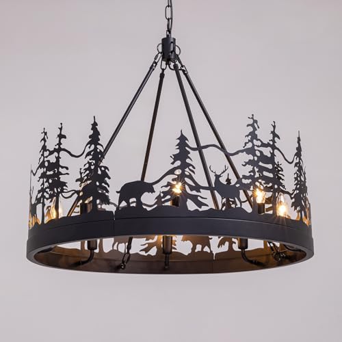 7PM 30-Inch Black Wagon Wheel Chandelier 8-Light