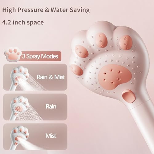Cute Cat Paw Shower Head - 3 Spray Modes 25 GPM Pink