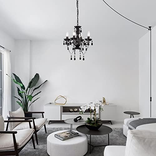 Black Plug In Chandelier 4 Light Crystal Design