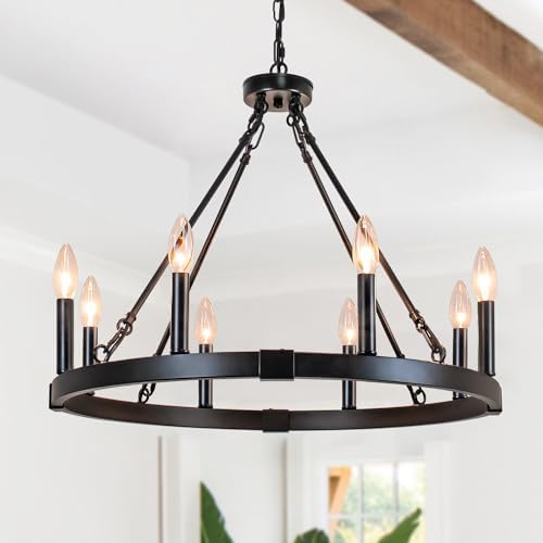 236 Inch Black Wagon Wheel Chandelier - 8 Light Farmhouse Pendant Light