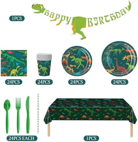 ZIRICHER Dinosaur Party Tableware Set for Kids Boy Serve 24