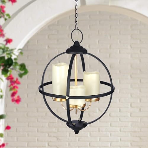Battery Operated Outdoor Candle Chandelier in Black and Gold