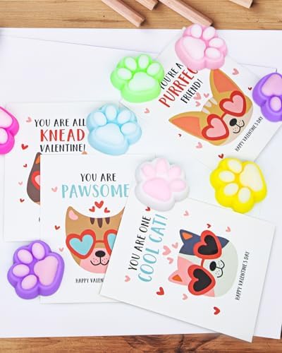 Valentines Day Classroom Gift Pack - 28 Sets with Squishy Cat Paws and Cards