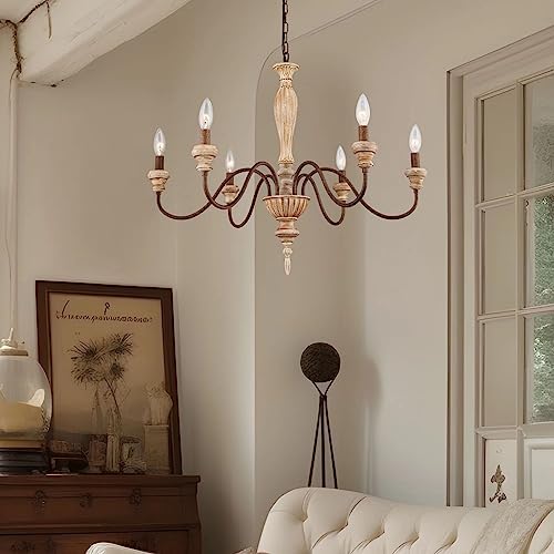 French Country 6-Light Chandelier with Distressed Wood Design