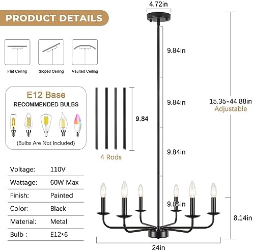 Matte Black 6-Light Chandelier for Bedroom and Living Room