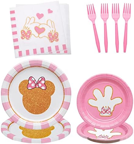 96 Pcs Minnie Tableware Set for 24 Guests Pink Theme Party Supplies