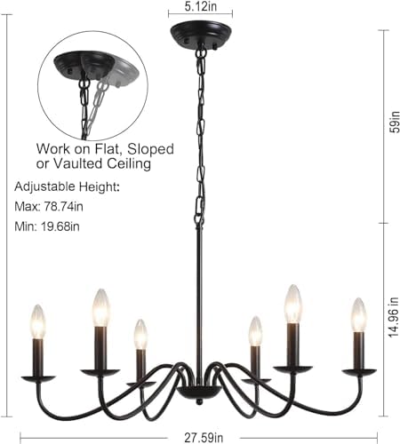 Black 6-Light Farmhouse Chandelier with Adjustable Height