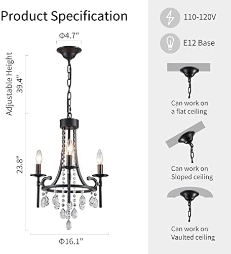 WUZUPS 3 Light Candle Chandelier Modern Ceiling Light Black E12 Base