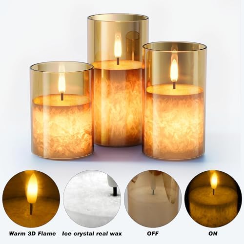 VIODAIM Ice Crystal Real Wax Flameless Candles with Remote Timer 3Pack