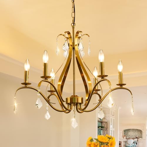 24 Inch Gold Chandelier with 6 Crystal Lights