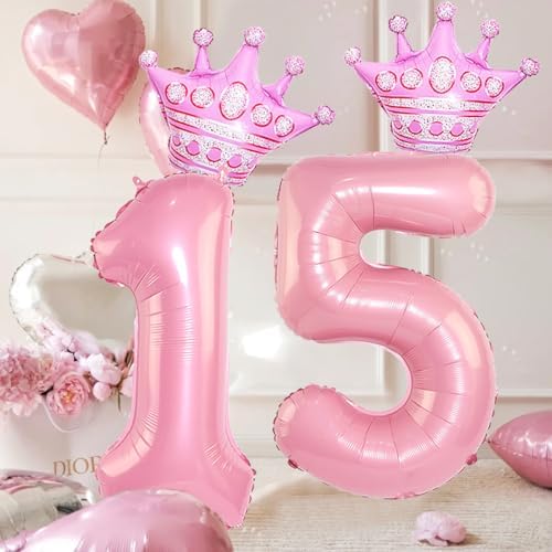 40 Inch Pink Crown Number 15 Balloons