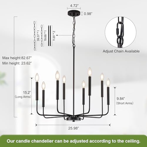 Modern Black Chandelier Dining Room Light Fixture 8-Light Metal Hanging Candle Chandelier