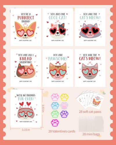 Valentines Day Classroom Gift Pack - 28 Sets with Squishy Cat Paws and Cards