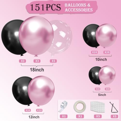 MOXMAY Metallic Pink Black Balloons Arch Kit 151Pcs
