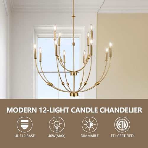 Brushed Gold 12-Light Chandelier for High Ceilings 35 Inch