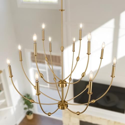 Brushed Gold 12-Light Chandelier for High Ceilings 35 Inch