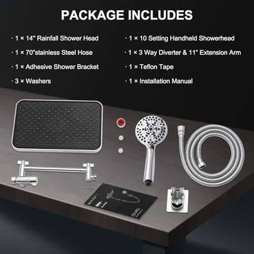 14 Inch Tandem Shower Head System with 10 Spray Modes and Adjustable Arm