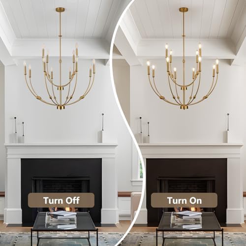 Brushed Gold 12-Light Chandelier for High Ceilings 35 Inch