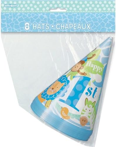 Safari 1st Birthday Party Cone Hats Blue 8 Pcs