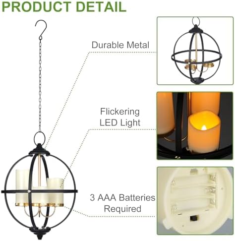 Battery Operated Outdoor Candle Chandelier in Black and Gold