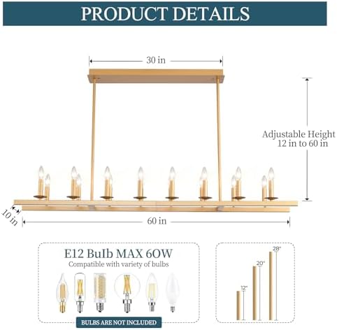 60-Inch Rustic Gold Linear Chandelier with 16 Lights