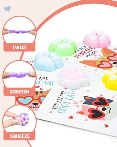 Valentines Day Classroom Gift Pack - 28 Sets with Squishy Cat Paws and Cards