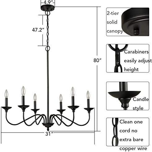 Modern Farmhouse Black Chandelier 6 Light Chain Design