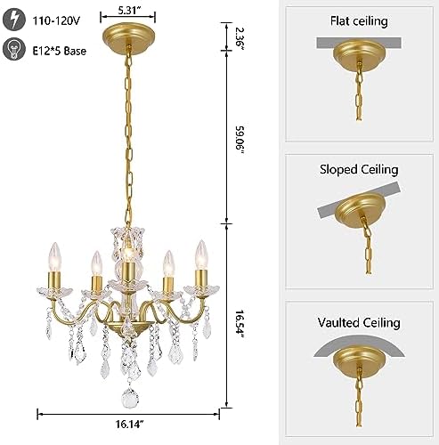Modern 5 Light Gold Chandelier with Glass Crystals