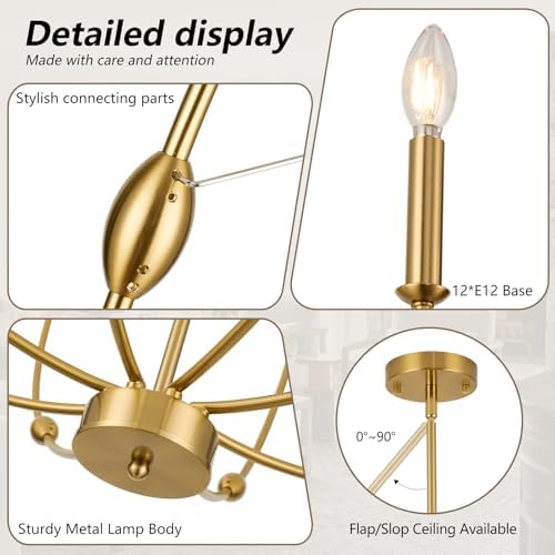 Brushed Gold 12-Light Chandelier for High Ceilings 35 Inch