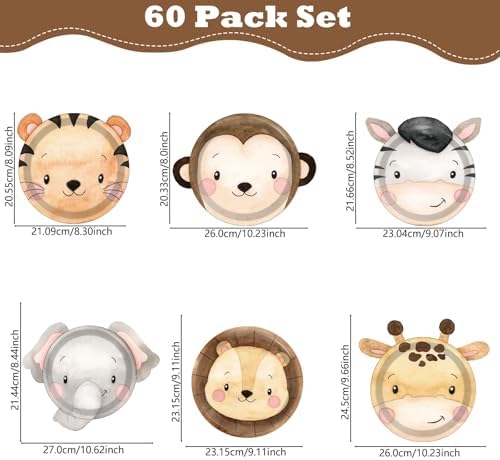 60 Count Safari Animal Shaped Paper Plates Party Decorations