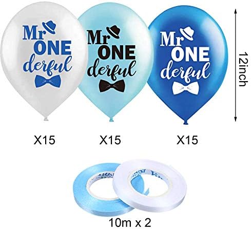 Sumind 45 Pcs 12 Inch Mr Onederful Birthday Balloons Blue White with Ribbons