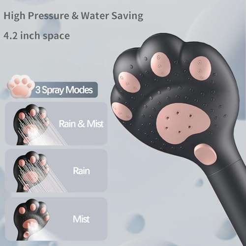 Cute Cat Paw Shower Head - 3 Spray Modes 25 GPM Black