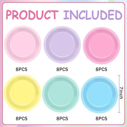 48Pcs Pastel Rainbow Paper Plates for Parties